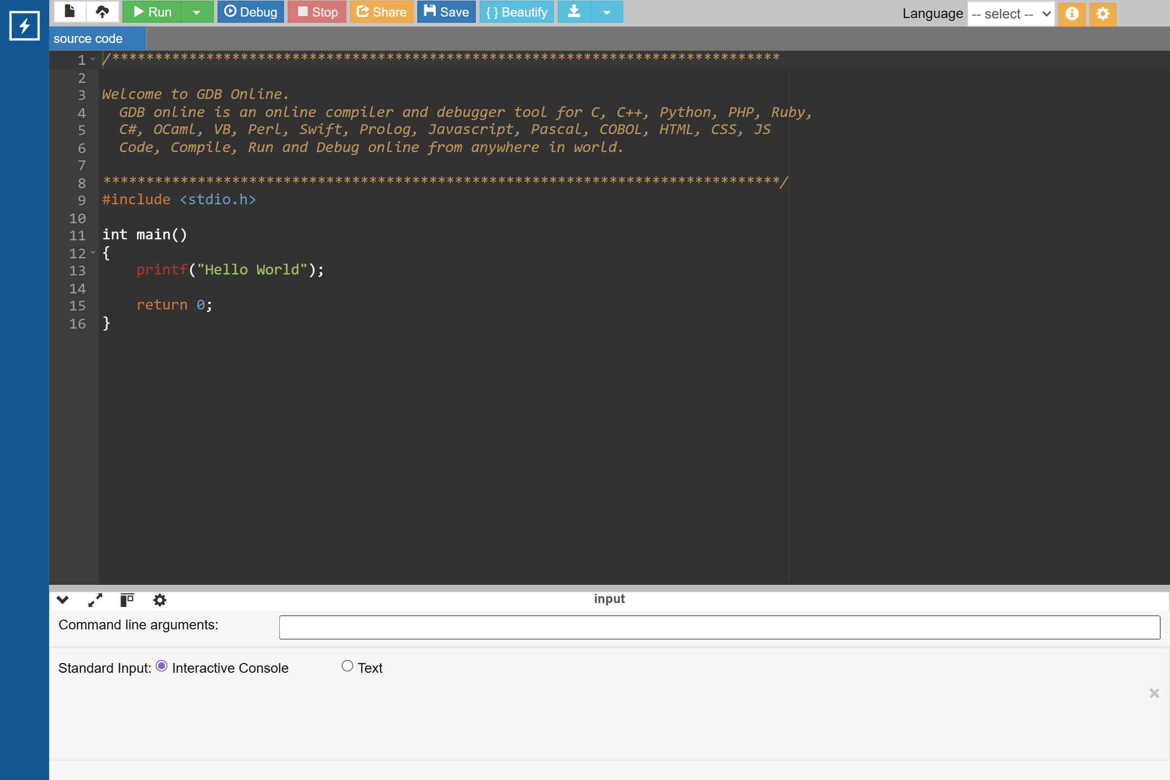 GDB online website preview